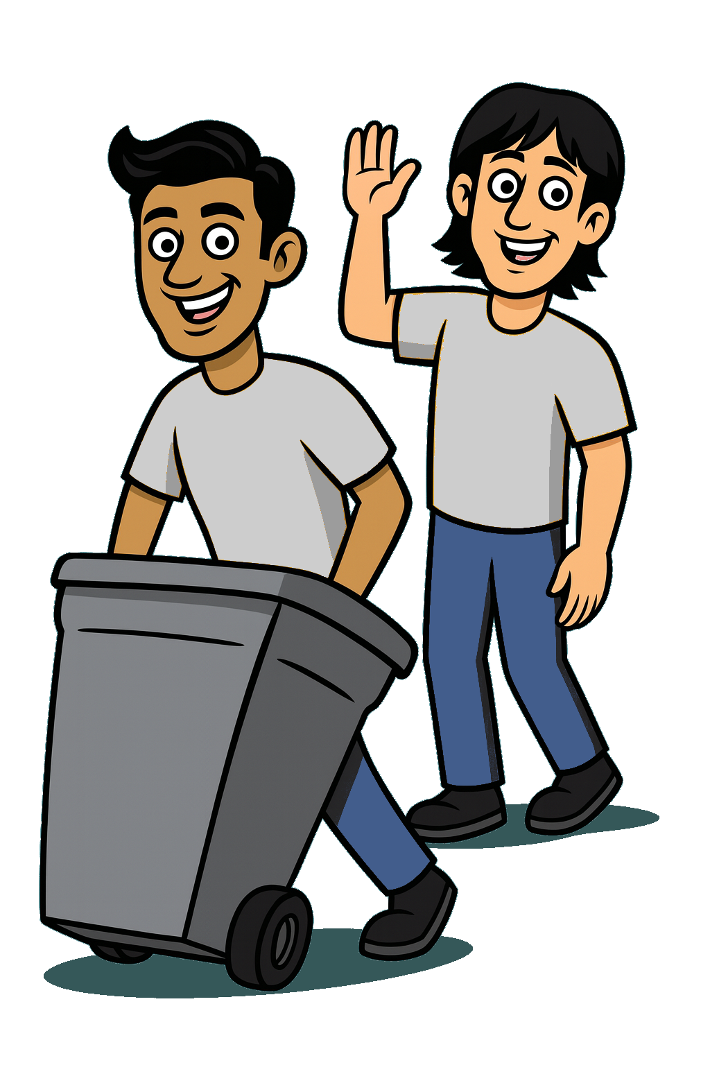Two brothers moving a trash bin
